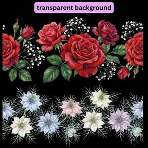 May include: Watercolor floral design featuring two borders. The top border showcases vibrant red roses with green leaves and delicate white baby's breath against a black background. The bottom border displays blue, white, and pink flowers with green foliage.