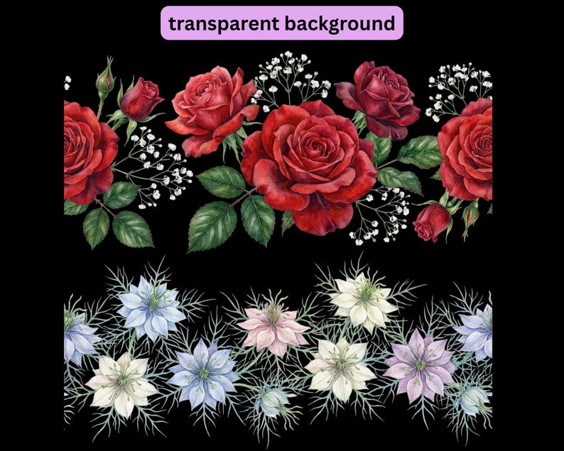 May include: Watercolor floral design featuring two borders. The top border showcases vibrant red roses with green leaves and delicate white baby's breath against a black background. The bottom border displays blue, white, and pink flowers with green foliage.