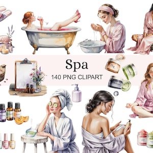 May include: Watercolor illustration of spa day elements. The image includes a woman in a bathtub, beauty products, essential oils, and a woman meditating. The text "Spa 140 PNG CLIPART" is also visible.