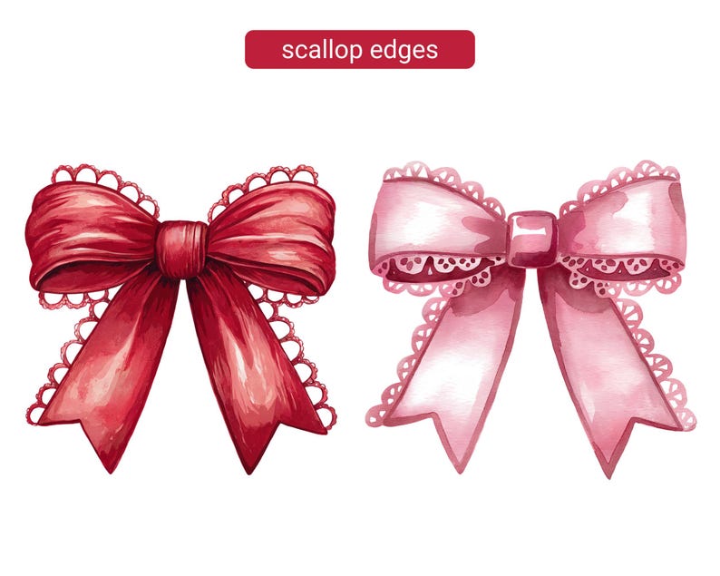 May include: Two watercolor bows with scalloped edges. One bow is red and the other is pink.