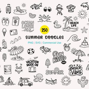 250 Summer Coastal SVG Bundle | beach, ocean, handrawn doodle png svg icons | Digital Download