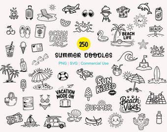 250 Summer Coastal SVG Bundle / spiaggia, oceano, icone png svg scarabocchiate disegnate a mano / Download digitale