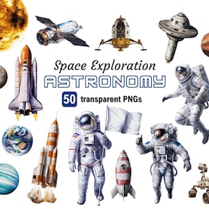 Clipart realistica di astronomia ad acquerello / 50+ astronauti esploratori spaziali PNG / Download digitale istantaneo / Poster stampabile del sistema solare