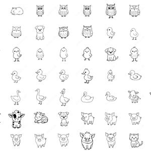 May include: A collection of black and white line drawings of various animals, including owls, dogs, chicks, ducks, cows, pigs, and a hamster. Each animal is depicted in a simple, cartoon-like style, suitable for coloring or design.