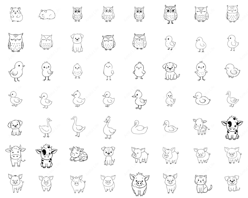 May include: A collection of black and white line drawings of various animals, including owls, dogs, chicks, ducks, cows, pigs, and a hamster. Each animal is depicted in a simple, cartoon-like style, suitable for coloring or design.