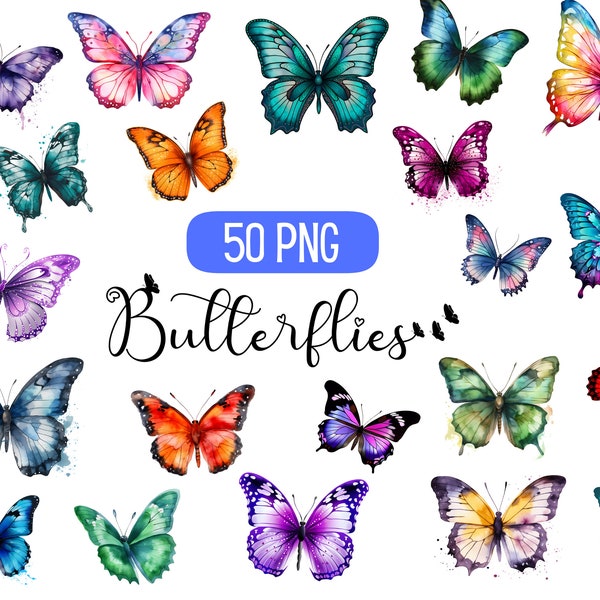 Clipart papillon aquarelle | 50 png transparents de haute qualité à usage commercial | Téléchargement numérique instantané