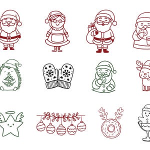 May include: A collection of Christmas-themed line art illustrations. The images include Santa Claus, Mrs. Claus, a hedgehog, mittens, a star, ornaments, a reindeer, and a gingerbread man in a cocktail glass. The illustrations are in red, green, and black.