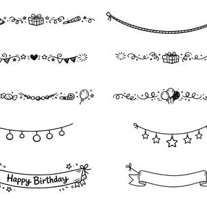 May include: A collection of hand-drawn black and white birthday-themed illustrations. Includes banners, decorative lines with party hats, gifts, balloons, and the text "Happy Birthday".