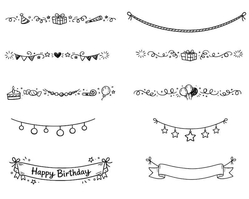 May include: A collection of hand-drawn black and white birthday-themed illustrations. Includes banners, decorative lines with party hats, gifts, balloons, and the text "Happy Birthday".