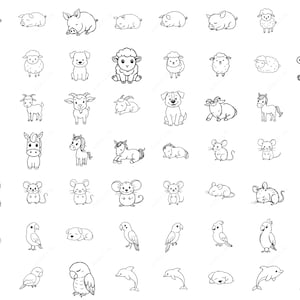 May include: A collection of black and white line art illustrations of various animals, including pigs, sheep, dogs, goats, horses, mice, parrots, and dolphins. Each animal is depicted in a simple, cartoon-like style, with varying poses.