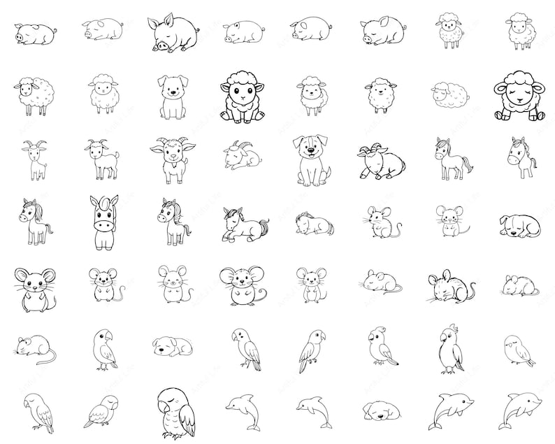 May include: A collection of black and white line art illustrations of various animals, including pigs, sheep, dogs, goats, horses, mice, parrots, and dolphins. Each animal is depicted in a simple, cartoon-like style, with varying poses.