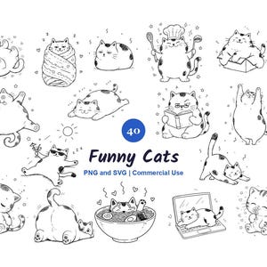 40種類の面白い猫のクリップアートセット（SVG/PNG形式）｜手描き風の落書き猫イラスト｜キュートで個性的な猫のステッカークリップアート｜デジタルダウンロード