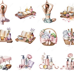 May include: Watercolor illustrations of spa and wellness items. The images include a person in yoga poses, tea sets with books and candles, spa baskets with towels and lotions, a massage table, and beauty products with flowers.