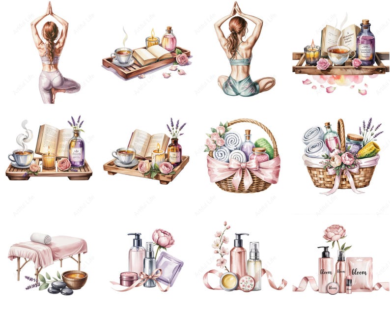 May include: Watercolor illustrations of spa and wellness items. The images include a person in yoga poses, tea sets with books and candles, spa baskets with towels and lotions, a massage table, and beauty products with flowers.