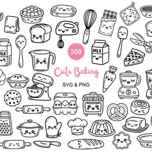 May include: A set of 300 black and white SVG and PNG illustrations related to baking. The collection features various kitchen utensils and baked items, including a mixer, whisk, rolling pin, bread, pie, and cookies. The words "Cute Baking" are also present.