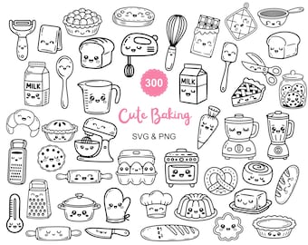 Puede incluir: Una colección de 300 ilustraciones SVG y PNG en blanco y negro con temática de repostería. Las ilustraciones incluyen una variedad de utensilios de cocina y productos horneados, como una batidora, un batidor, un rodillo, pan, tarta y galletas. También se incluye el texto "Cute Baking".