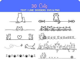 30 Cute Cats Line Divider SVG PNG Bundle, Line Divider | Design Element | Page Dividers | Decorative Text Dividers, Cat Paw Print SVG