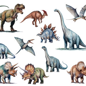 May include: A watercolor illustration of 10 different dinosaurs, including a Tyrannosaurus Rex, a Stegosaurus, a Brachiosaurus, a Pterodactyl, and a Triceratops. The dinosaurs are depicted in various poses and are set against a white background.