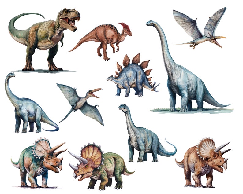 May include: A watercolor illustration of 10 different dinosaurs, including a Tyrannosaurus Rex, a Stegosaurus, a Brachiosaurus, a Pterodactyl, and a Triceratops. The dinosaurs are depicted in various poses and are set against a white background.