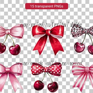 May include: Watercolor illustrations of red and pink bows with cherries. The bows are in various patterns, including polka dots, stripes, and leopard print. The cherries are a deep red color.