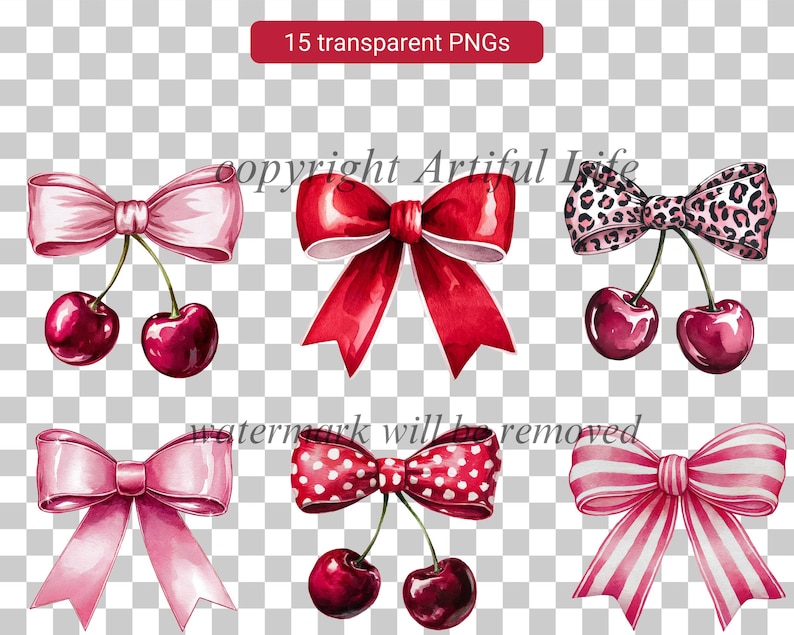 May include: Watercolor illustrations of red and pink bows with cherries. The bows are in various patterns, including polka dots, stripes, and leopard print. The cherries are a deep red color.