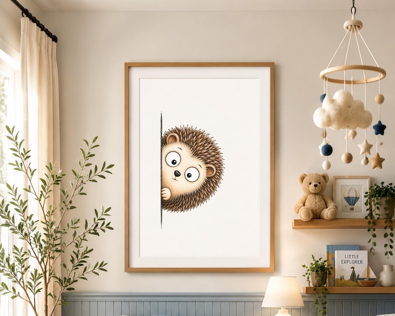 May include: A framed wall art print featuring a cartoon illustration of a brown hedgehog peeking out from behind a vertical black line. The hedgehog has large white eyes, a small black nose, and textured quills, set against a plain white background.
