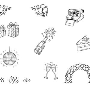 May include: Black and white line art illustrations of party and celebration elements. Includes balloons, gifts, a camera, champagne bottle, cake slice, disco ball, champagne glasses, and a balloon arch.