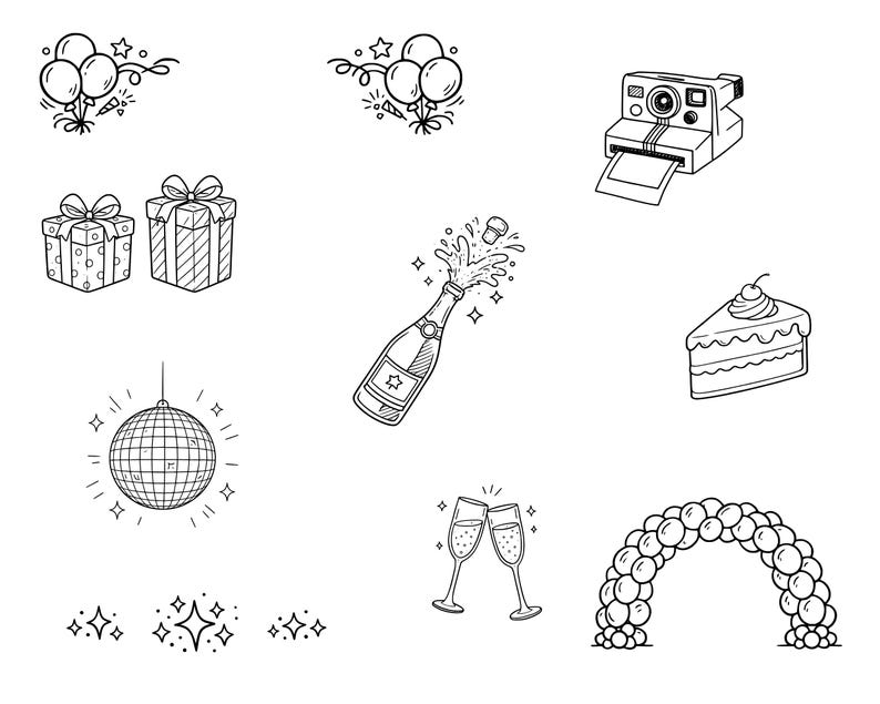 May include: Black and white line art illustrations of party and celebration elements. Includes balloons, gifts, a camera, champagne bottle, cake slice, disco ball, champagne glasses, and a balloon arch.