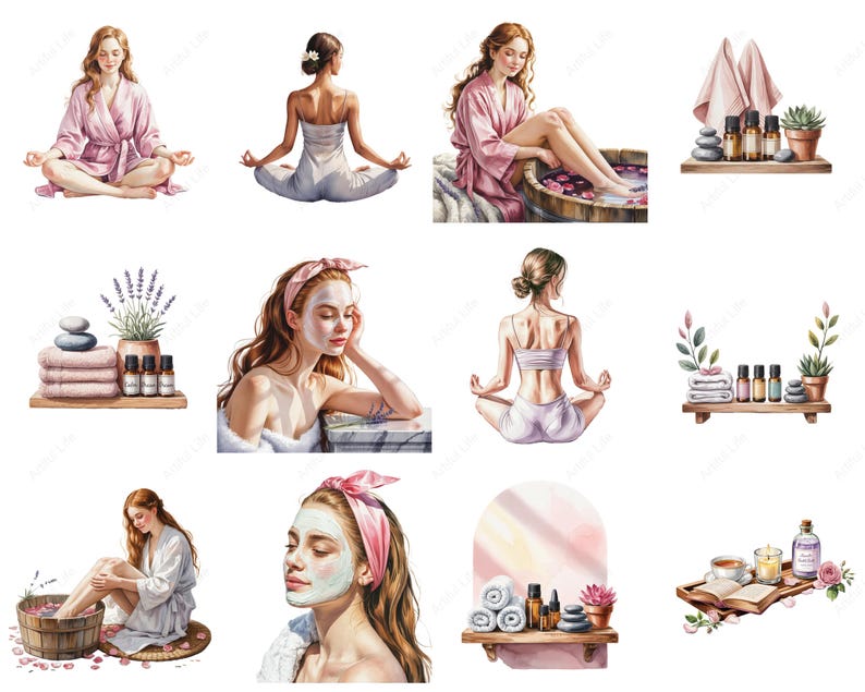 140 x Spa Clipart | Spa Day PNG Relaxation Self-Care Beauty Elements for Planner Invitations | Watercolor Clipart bundle | Digital Download image 2