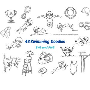 Op de afbeelding: Zwart-witte lijntekeningen van zwemgerelateerde doodles, waaronder zwemmers, een zwembril, een trofee, een medaille, een reddingsboei, een badmuts, zwemvliezen, een badmeesterstoel, een fluitje en een badpak. De tekst luidt "48 Swimming Doodles SVG and PNG."