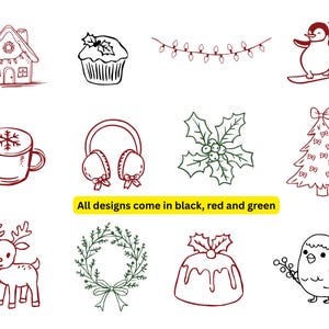 May include: A collection of Christmas-themed line art illustrations in black, red, and green. Designs include a house, cupcake, string of lights, penguin on a snowboard, mug, earmuffs, holly, Christmas tree, reindeer, wreath, pudding, and bird.