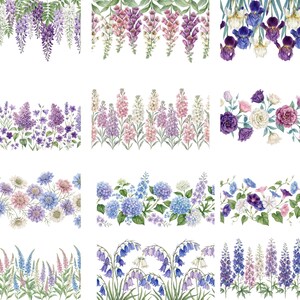 May include: Watercolor floral border designs featuring various flowers in shades of purple, pink, blue, and white. The designs include wisteria, irises, lilacs, snapdragons, hydrangeas, morning glories, and other blossoms. Perfect for crafting and design projects.