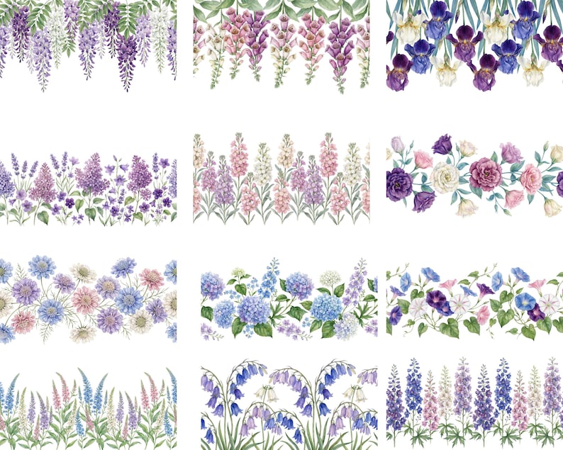 May include: Watercolor floral border designs featuring various flowers in shades of purple, pink, blue, and white. The designs include wisteria, irises, lilacs, snapdragons, hydrangeas, morning glories, and other blossoms. Perfect for crafting and design projects.