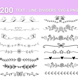Könnte beinhalten: Eine Sammlung von 200 Text- und Linienteilern im SVG- und PNG-Format. Die Teiler zeigen verschiedene Designs, darunter Schmetterlinge, Bienen, Herzen, Blumen, Rosen, Sterne, Schleifen und Blätter, alle in Schwarz und Weiß.