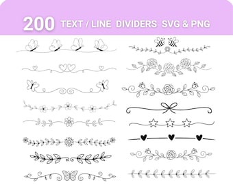 Paquete de 200 divisores de líneas SVG y PNG, divisores de líneas, elementos de diseño, separadores de página, separadores de texto decorativos, separadores de corazón y separadores florales.