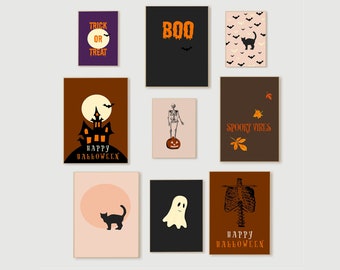 May include: A set of nine Halloween-themed printable wall art prints. The prints feature various Halloween icons, including a ghost, a skeleton, a black cat, a haunted house, and bats. The prints are in a variety of colors, including orange, black, white, and brown.