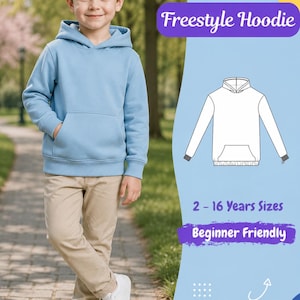 Könnte beinhalten: Ein hellblauer Kapuzenpullover mit langen Ärmeln und einer Kängurutasche, kombiniert mit einer beigen Hose und weißen Turnschuhen. Die Grafik zeigt den Text Freestyle Hoodie, 2 - 16 Years Sizes, Beginner Friendly und eine weiße Skizze.
