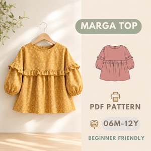 Puede incluir: Una blusa de manga larga color amarillo mostaza con un pequeño estampado floral blanco, cuello redondo, detalle de volantes en el pecho y mangas fruncidas. La imagen incluye el texto MARGA TOP, PDF PATTERN, 06M-12Y y un dibujo lineal rosa.