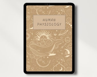 May include: A digital notebook cover with a beige background and a white illustration of a whale, stars, and planets. The text "HUMAN PHYSIOLOGY" is in a white rectangle in the centre of the image.