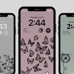 May include: Three iPhone mockups with different nature-themed wallpapers. The first wallpaper features a black and white illustration of a flower with berries. The second wallpaper features a pink background with black butterflies. The third wallpaper features a green background with a black dandelion and a bird.