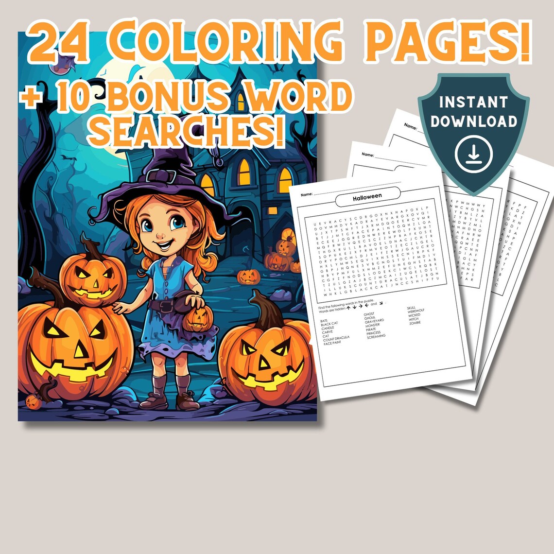 24 Printable Halloween Coloring Pages Bundle Princess Witches Coloring