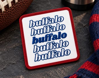 Repeated Buffalo Text Patch, Red Blue Bills Football Iron On or Sew On
