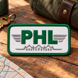 PHL Airport Code Embroidered Patch, Philadelphia Travel Patch, Green Iron On or Sew On Patch