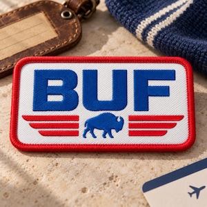 BUF Airport Code Embroidered Patch, Buffalo NY Travel Patch, Red Blue Iron On or Sew On Patch