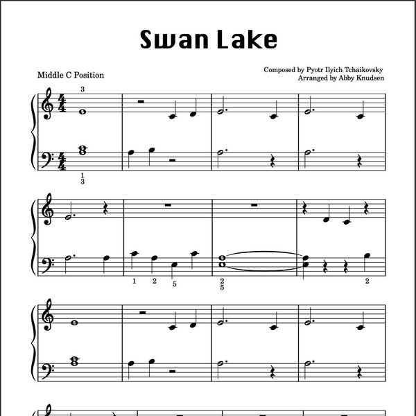 PRIMER LEVEL Swan Lake | Easy Piano Sheet Music Beginner - Printable PDF