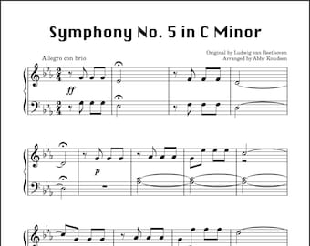 VEREINFACHTE Sinfonie Nr. 5 in c-Moll | Leichte Ethin Klavier Noten - Druckbare PDF-Datei