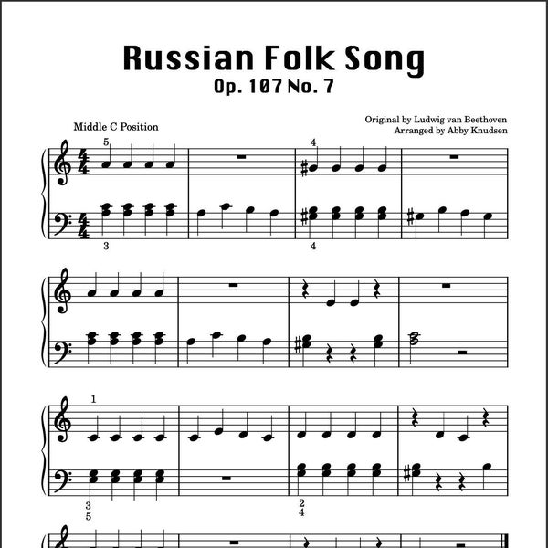 PRIMER LEVEL Russian Folk Song | Easy Beginner Beethoven Piano Sheet Music - Printable PDF