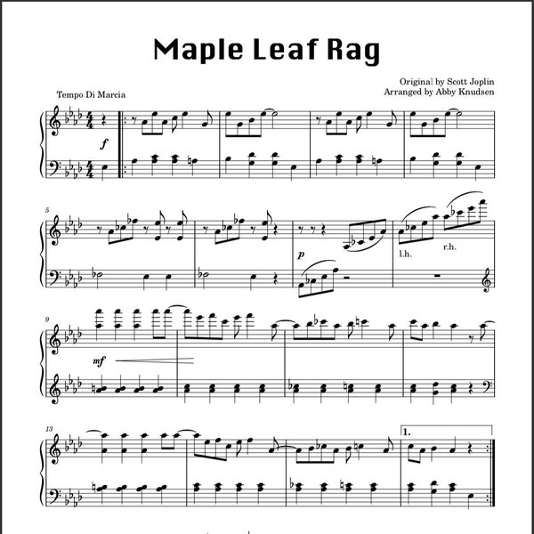 SIMPLIFIED Maple Leaf Rag | Ragtime Piano Sheet Music - Printable PDF