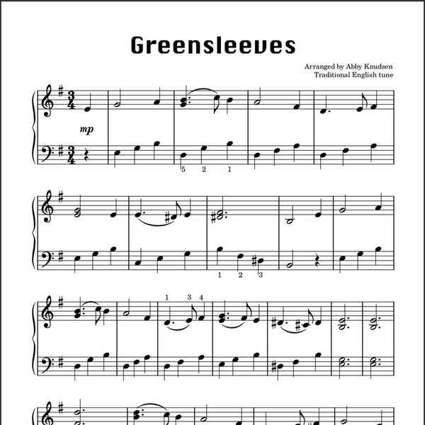 Greensleeves | Easy Christmas Piano Sheet Music - Printable PDF