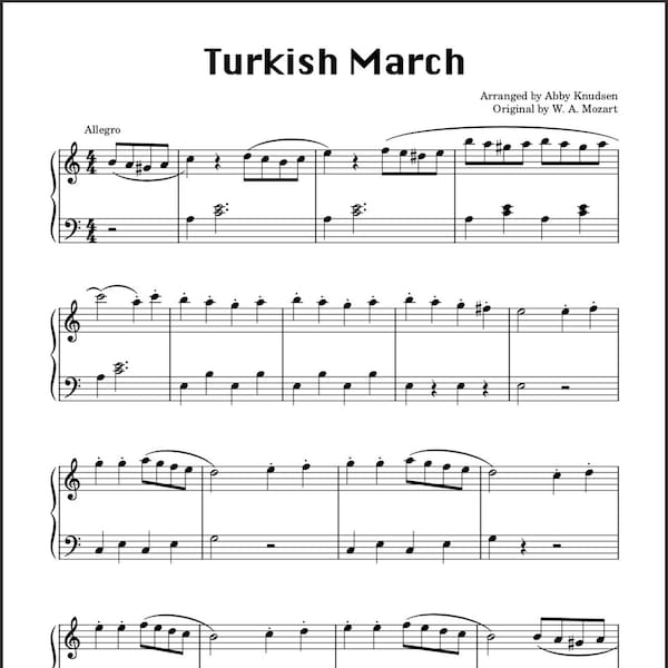 VEREINFACHTER Türkischer März | Mozart Klavier Noten Einfach - Druckbare PDF